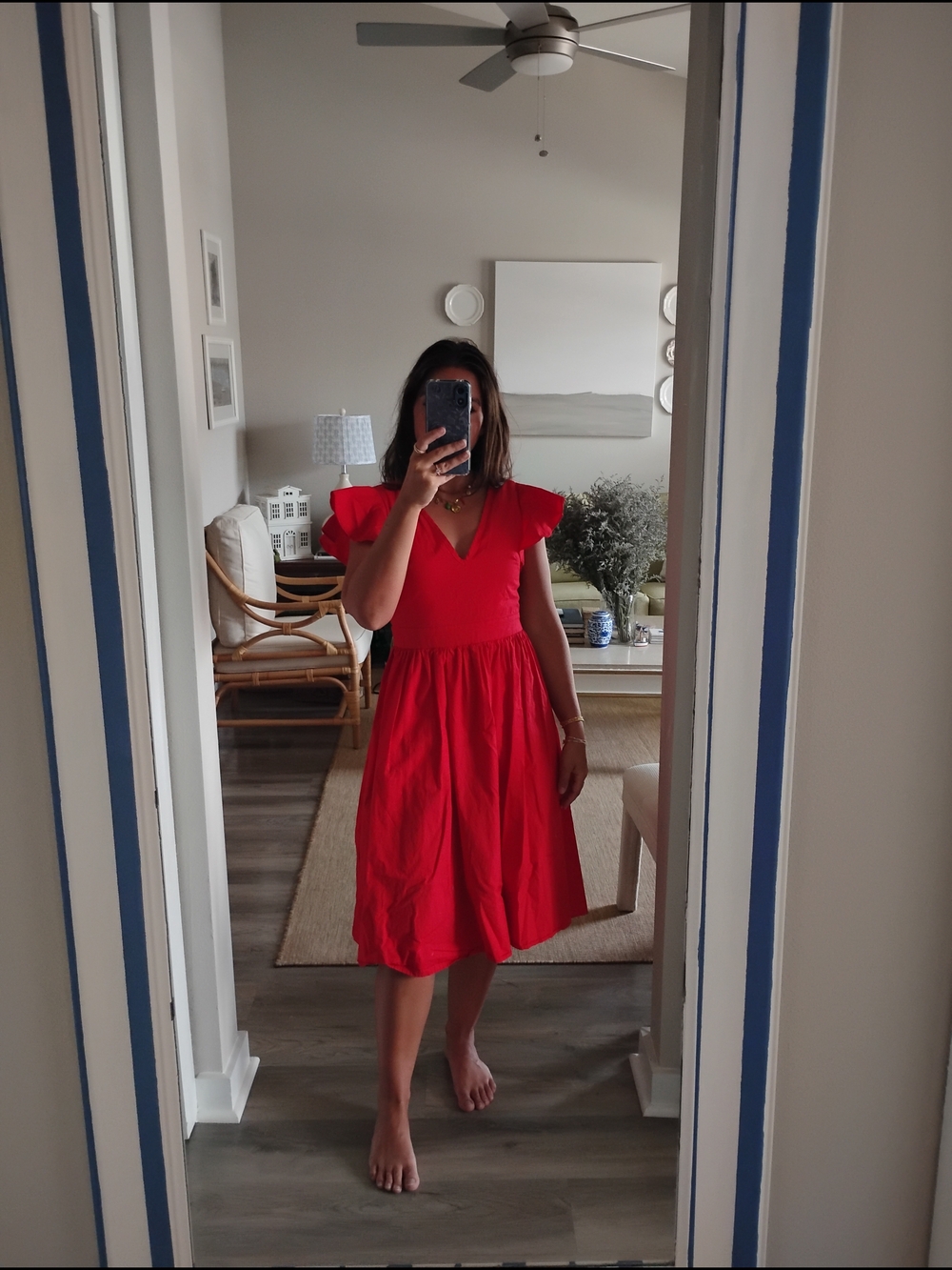 Red 100% CottonV-Neck Flutter Sleeve Midi Dress
